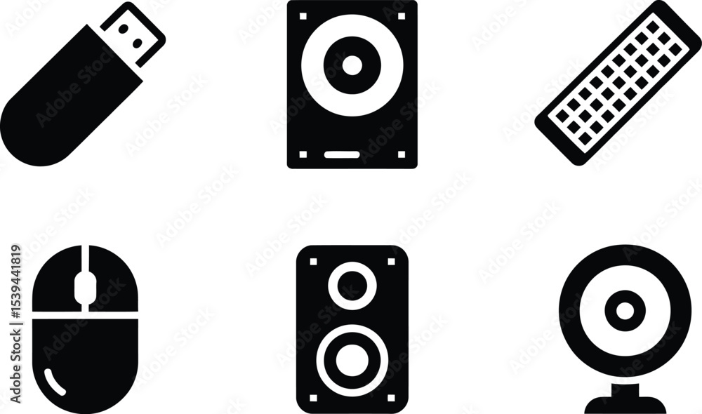 Poster black and white computer icons representing technology and multimedia concepts