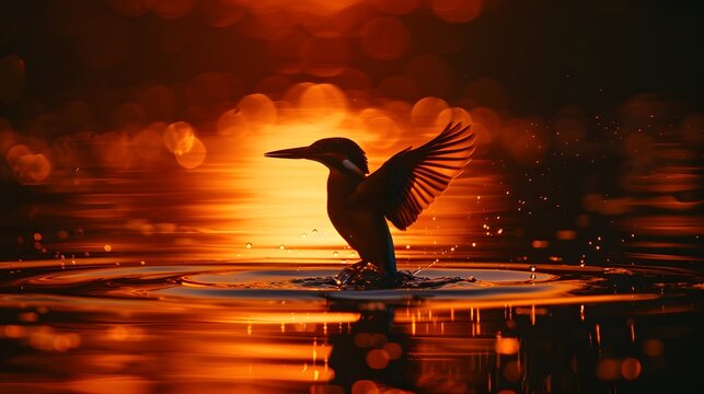 A silhouette of a kingfisher diving into the river