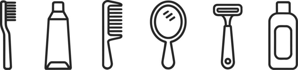 Minimalist black and white icons representing everyday grooming and personal hygiene essentials