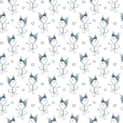 Seamless pattern with a girl and a bird. The girl is dancing. Sketch style. White background. Monochrome