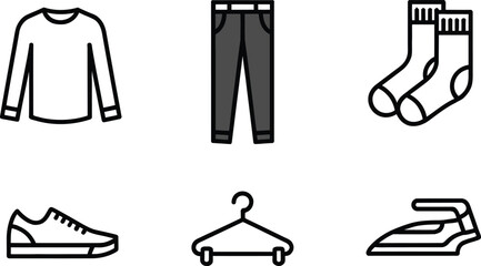 Fototapeta premium Simple black and white illustrated icons of clothing items for apparel and fashion related concepts