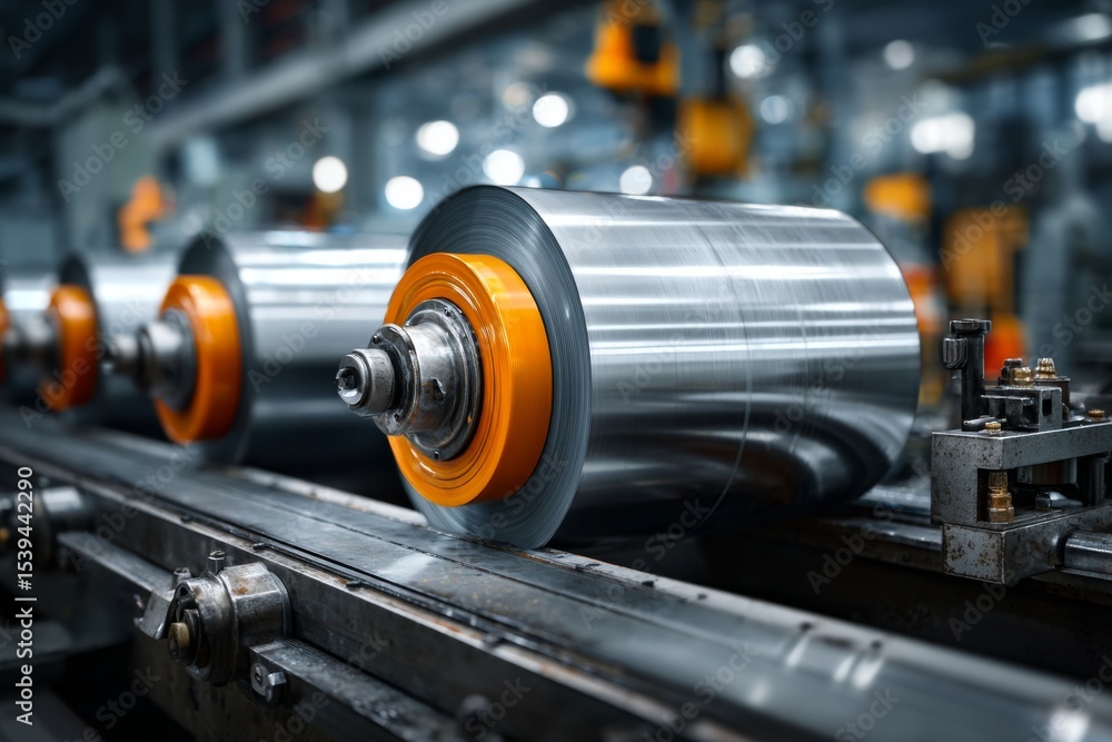 Poster metal coil rolls on automated machinery in a factory setting