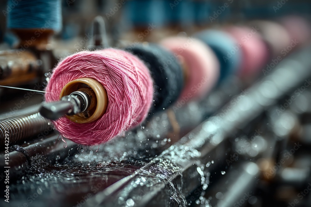 Poster spools of colored thread on an industrial textile machine in a factory setting