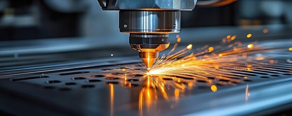 Close-up of a laser cutting machine producing bright sparks while cutting through metal in an industrial setting