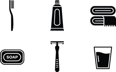 Essential black and white bathroom icons representing daily personal hygiene essentials and rituals