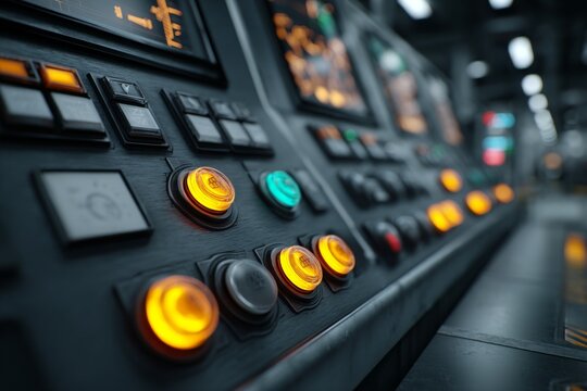 Illuminated Control Panel Featuring Many Glowing Buttons and Digital Screens