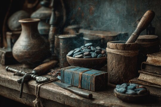 Vintage Wooden Bowls Containing Seeds with Old Books and Various Rustic Items