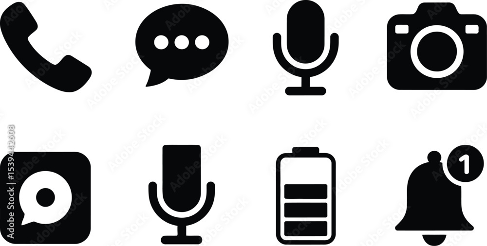Aufkleber collection of black and white icon illustrations representing communication and user interface eleme