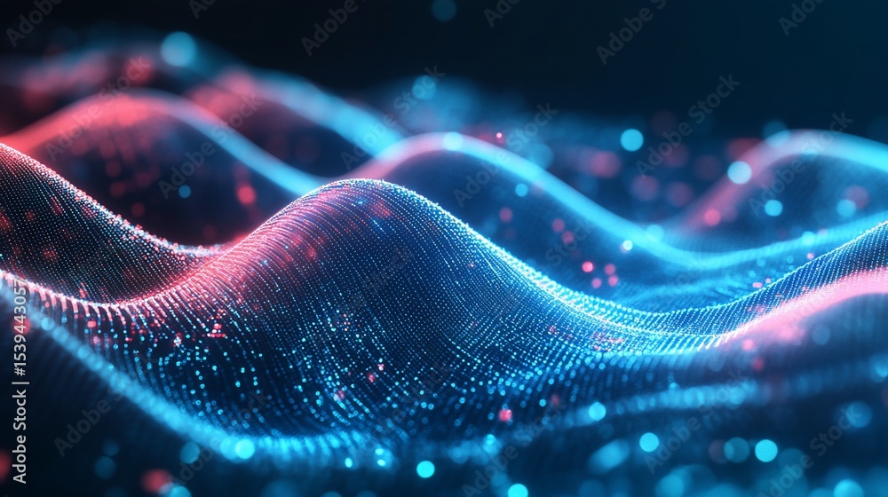 Poster abstract waveform data visualization with glowing particles and light