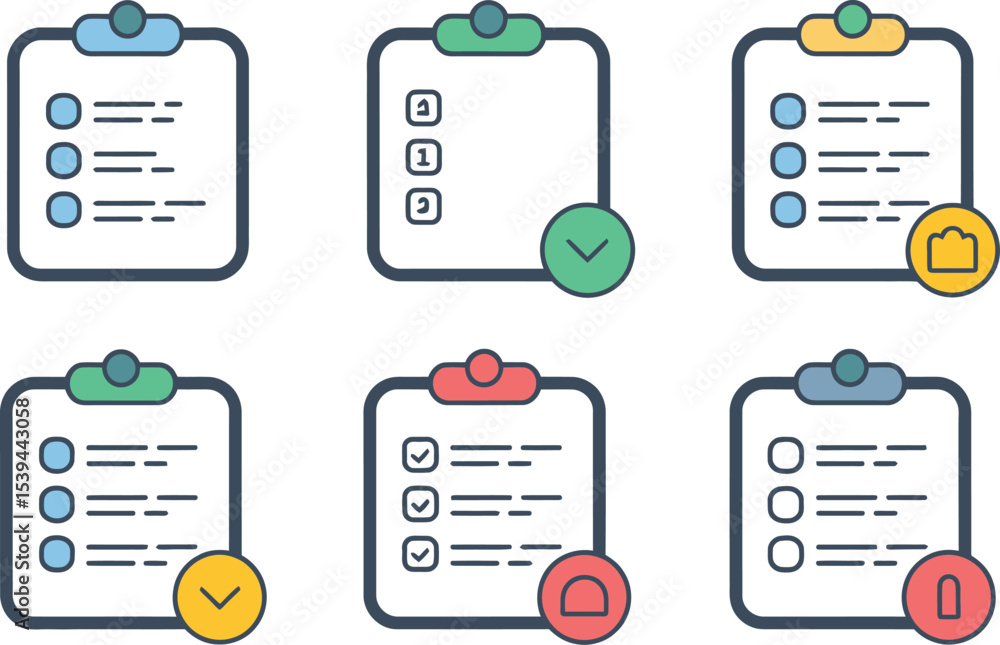 Poster colorful clipboard icons representing checklists progress completion tasks and other management func