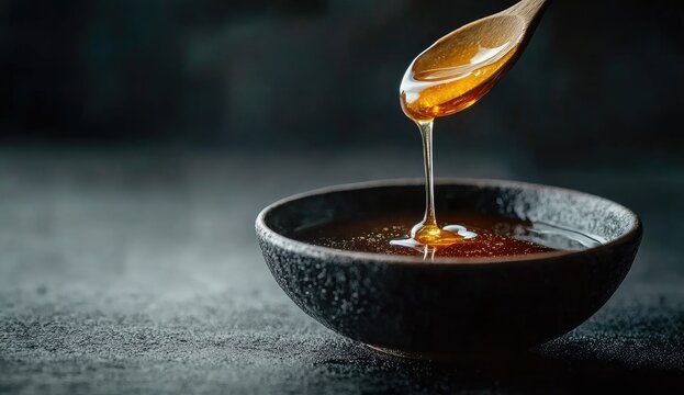 Honey dripping from wooden spoon into dark bowl