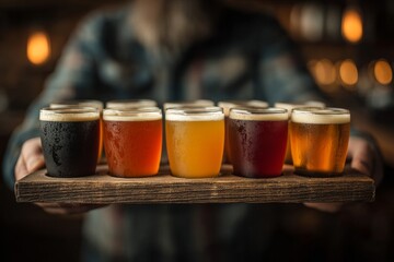 Person holding assorted craft beer flight on a wooden serving tray for tasting