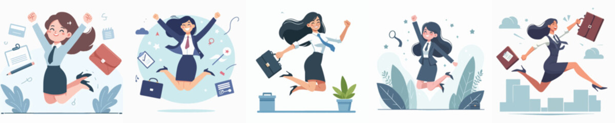 Vector character of female secretary celebrating jumping