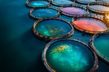 Aerial view of offshore fish farm with round aquaculture cages teeming with fish in ocean