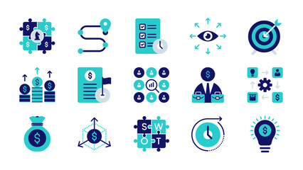Business strategy icon set. Goal, vision, mission, planning, roadmap, business model, SWOT, competitive advantage, market research and more. vector icons collection.