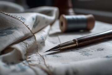 Naklejka premium Engraving tool and thread spool resting on a floral patterned textile surface