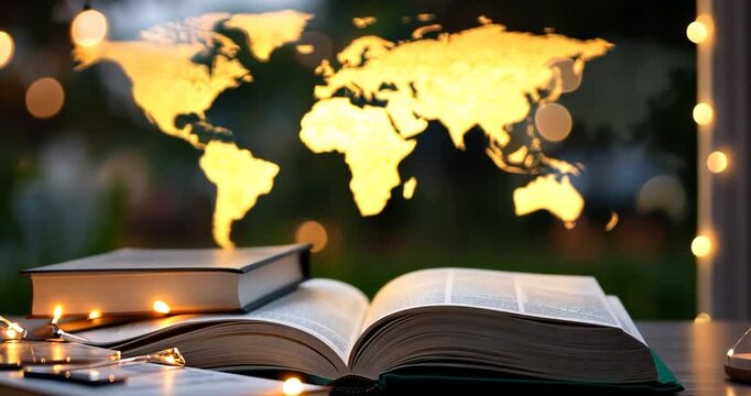 Open book with string lights on a wooden table, illuminated world map in the background. Warm, inviting atmosphere