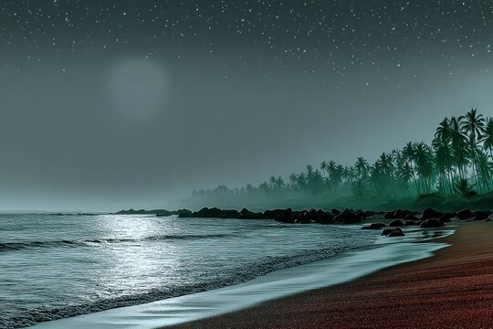 Misty beach at night, moonlight - Powered by Adobe