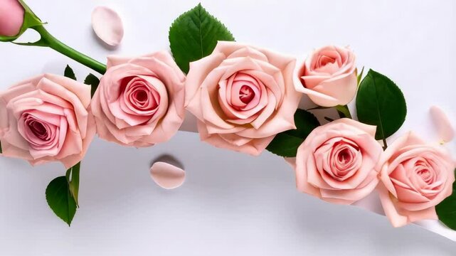 Arrangement of peach roses with green leaves and a single petal on a white surface forming a floral border