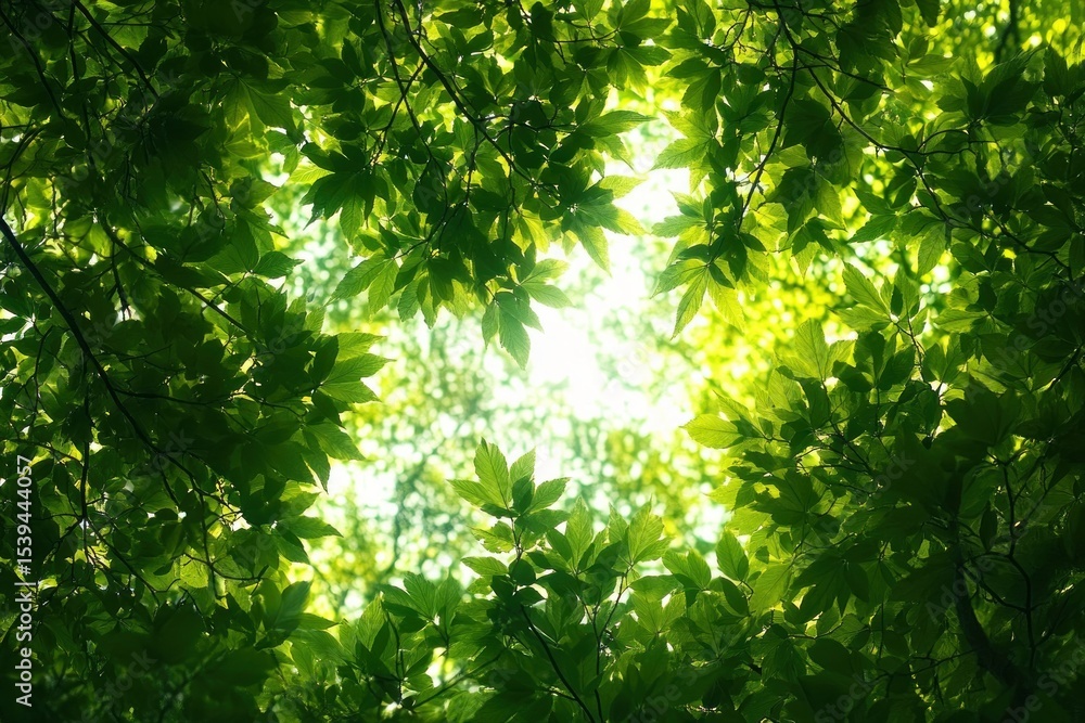Poster sunlight filtering through dense green leaves creating a bright and refreshing natural canopy