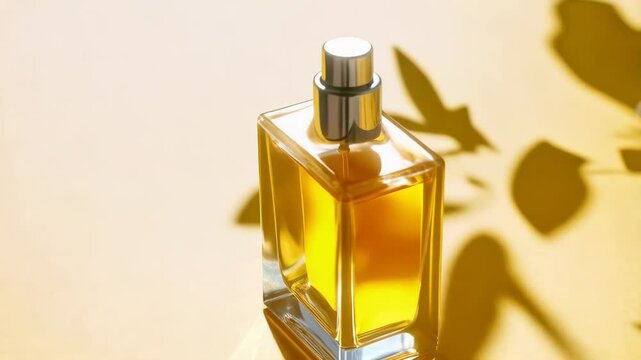 Elegant yellow liquid fragrance in square glass bottle with silver cap, flowers casting shadows on bright background. Minimalist beauty product.