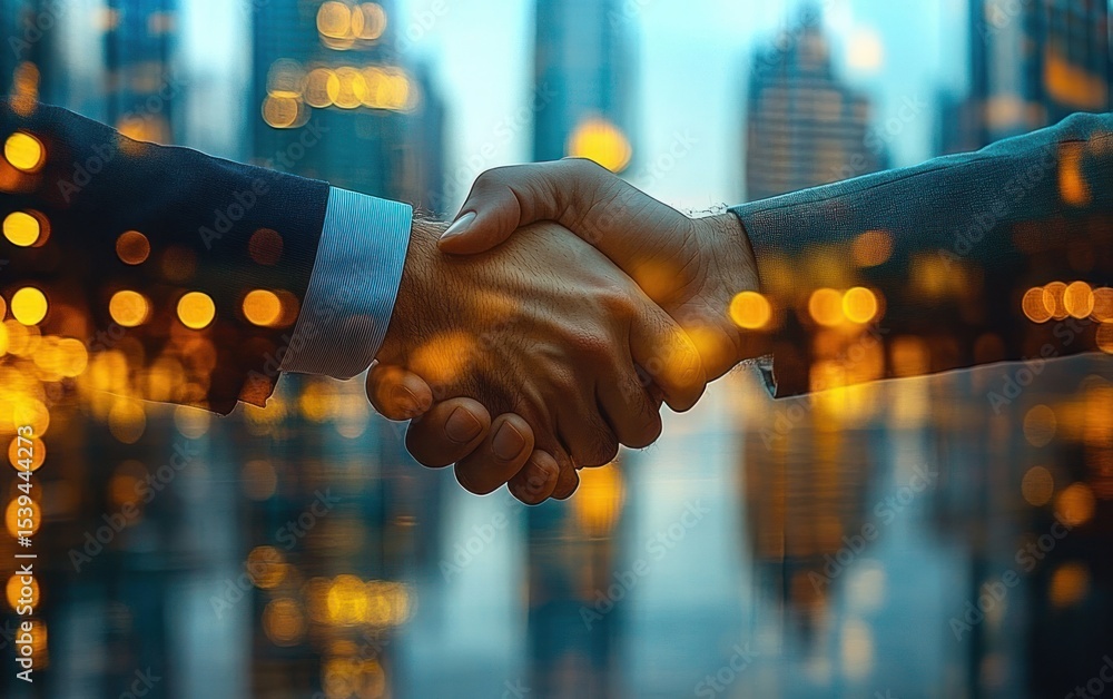 Poster two people shaking hands in a business setting with a blurred cityscape and glowing bokeh lights in 