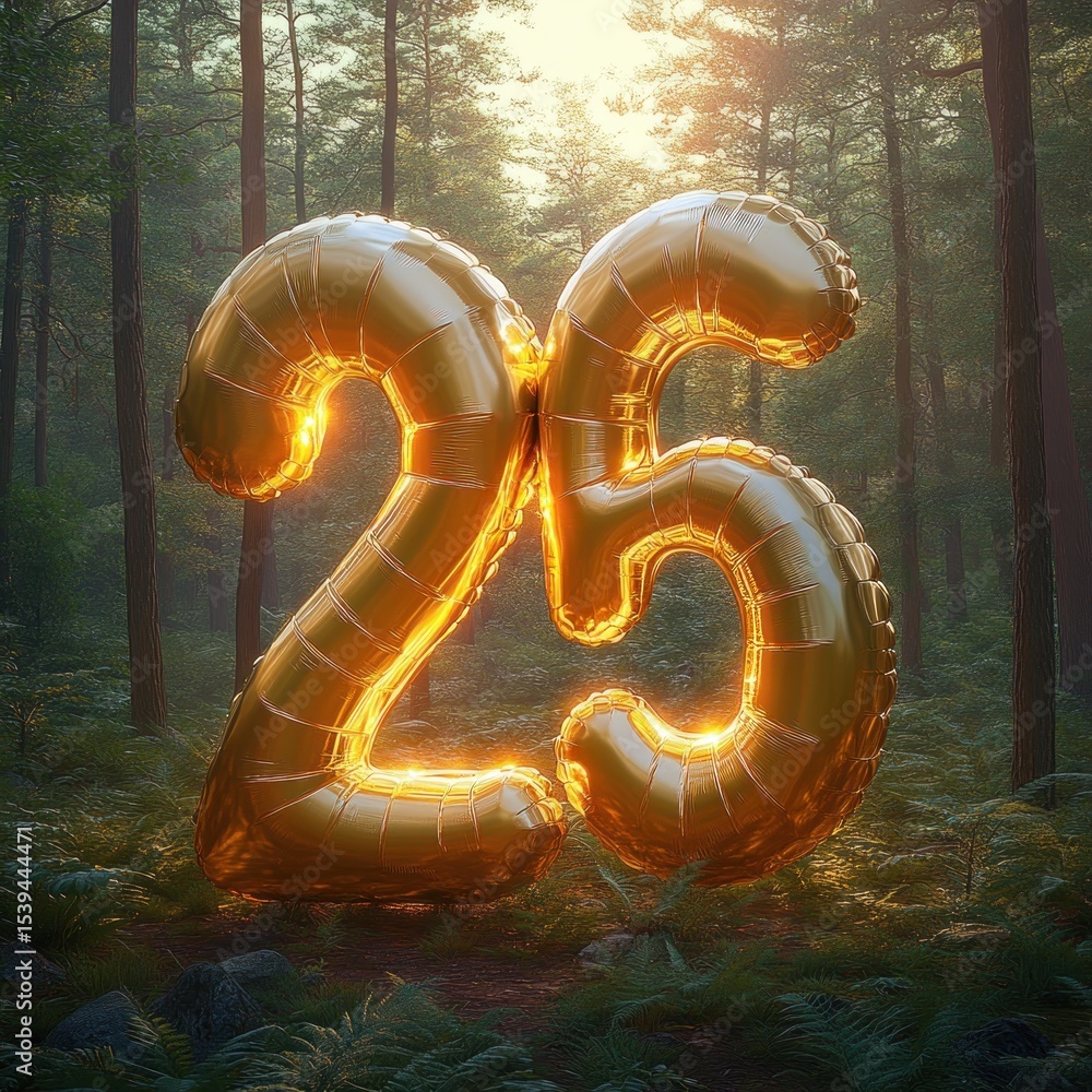Poster golden balloons shaped as number twenty-five glowing warmly in a serene forest with tall trees and s