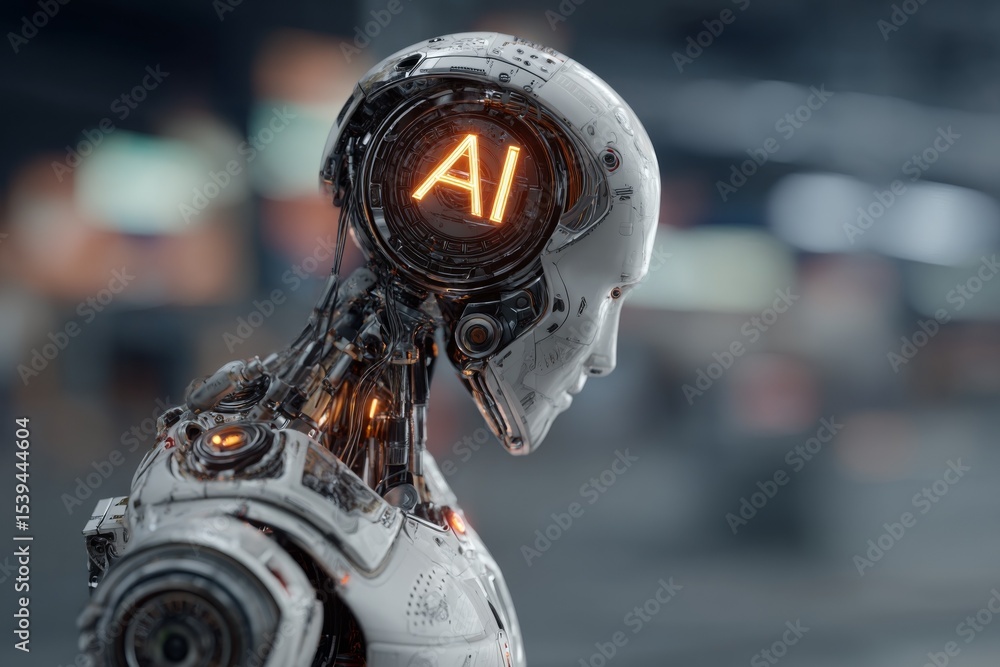 Poster futuristic robotic head displaying artificial intelligence letters in glowing neon