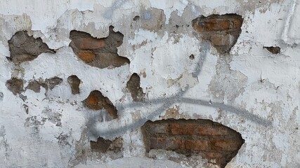 Exposed red brick wall with distressed white paint flaking, detailed texture of age and time, urban...