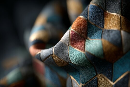 Close-up of Colorful Textured Mosaic Surface with Geometric Shapes and Grout