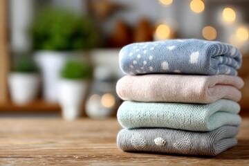 Stack of Folded Knitted Baby Blankets on Wood Surface with Background Lights