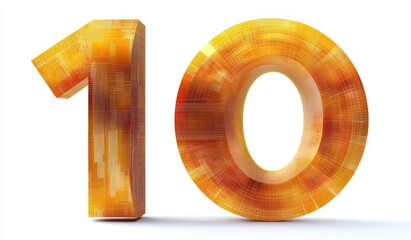 Three-dimensional number ten with orange and yellow crosshatched texture casting a shadow on white background