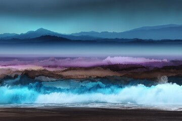 Misty mountain range meets ocean waves