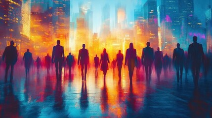 Naklejka premium Silhouetted figures walking through a vibrant cityscape with tall illuminated buildings and colorful reflections on wet pavement evoking a sense of motion and energy
