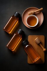 Natural Honey Bottles with Wooden Honey Dippers and Honey Bowl on Elegant Background for Healthy Sweetener Product Presentation