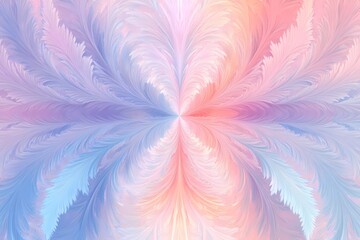 Fractal flame pattern in pastel pinks and blues, curling like feathers from a central point, mirrored across horizontal axis, 
