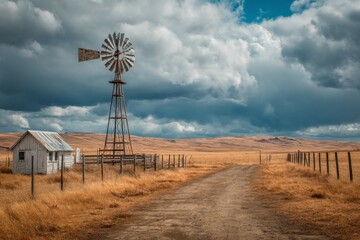 Rustic Windmill and Weathered Shed on Rural Farmland Under Moody Sky