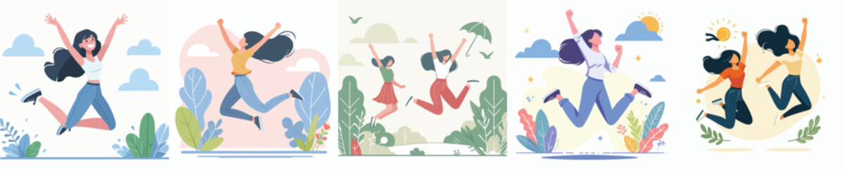 vector character woman celebration jumping