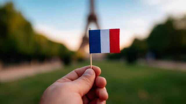 A person holds up the vibrant French flag proudly against the iconic Eiffel Tower and its stunning backdrop
