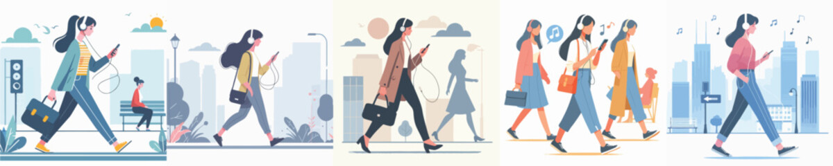 vector of woman walking and wearing headphones