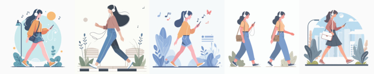 vector of woman walking and wearing headphones © Jefri Syahputra BKL