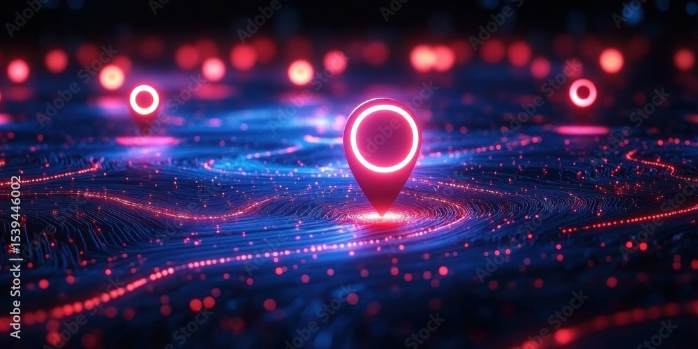 Poster glowing pink location pins on a futuristic digital blue grid map with flowing wave-like patterns and