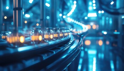 Automated production line with glass jars moving on a conveyor belt in a high-tech facility