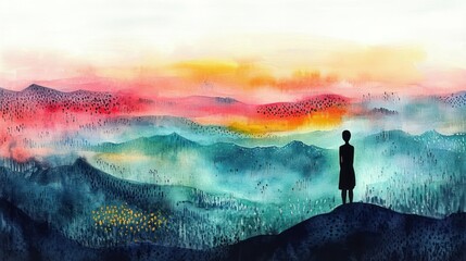 Solitary figure standing on a hill overlooking a colorful layered mountain landscape at sunset with mist and textured details evoking calm and contemplation