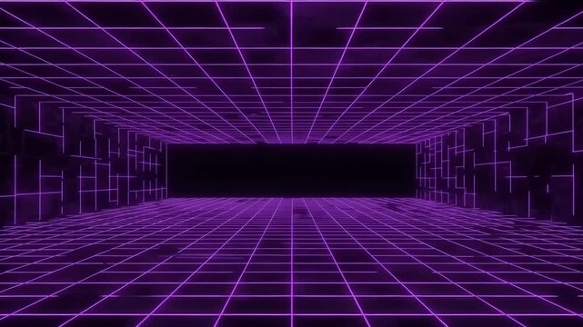 Futuristic neon grid tunnel with purple lights and dark background, creating a digital ambiance - Powered by Adobe