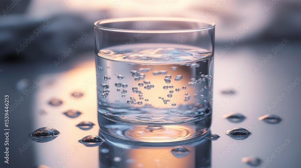 Poster close-up of a glass of sparkling water with bubbles rising inside and droplets around it on a reflec