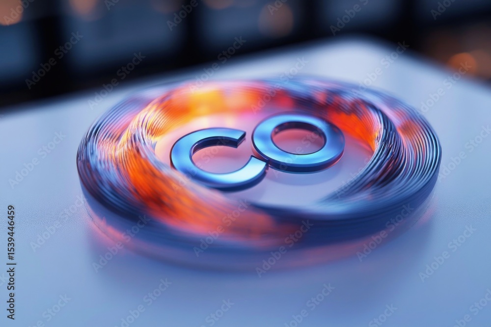 Poster macro close-up of a glowing circular coil with metallic letters 'co' reflecting orange and blue ligh