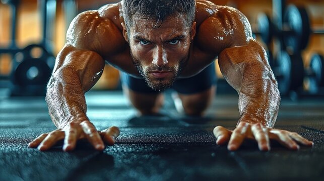 Intense muscular man pushing himself in a gym workout, sweating heavily and focused on exercise with outstretched arms on the floor