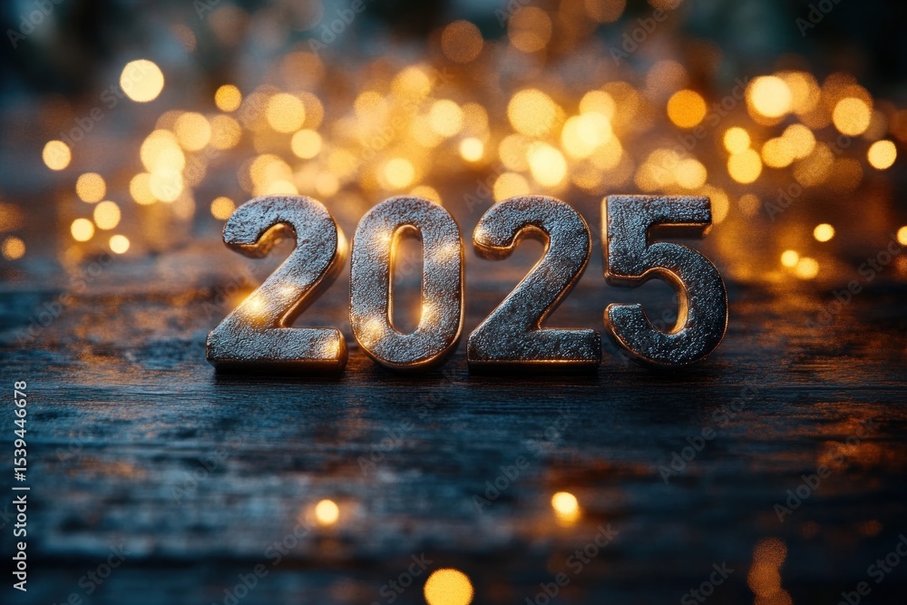 Poster metallic numbers forming 2025 on a dark rustic wooden surface with warm glowing bokeh lights in the 