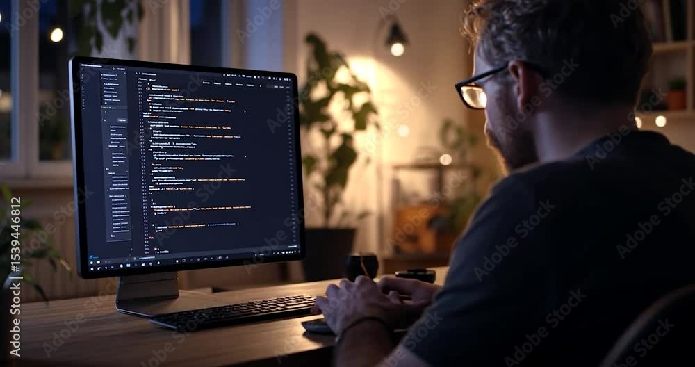 Aufkleber man in glasses sits at a desk in a dimly lit room at night, working on a computer with lines of code